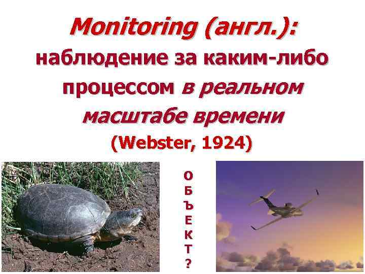 Monitoring (англ. ): наблюдение за каким-либо процессом в реальном масштабе времени (Webster, 1924) О