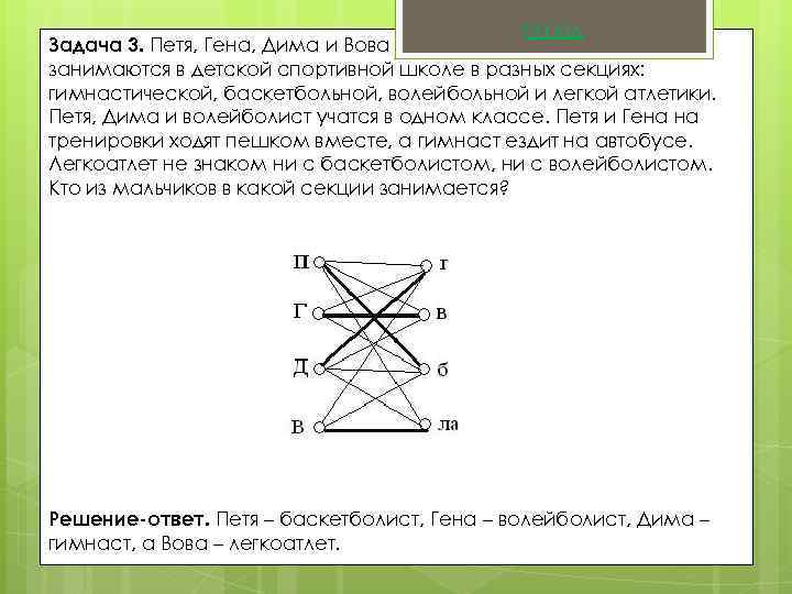 Назад Задача 3. Петя, Гена, Дима и Вова занимаются в детской спортивной школе в