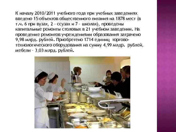 К началу 2010/2011 учебного года при учебных заведениях введено 15 объектов общественного питания на