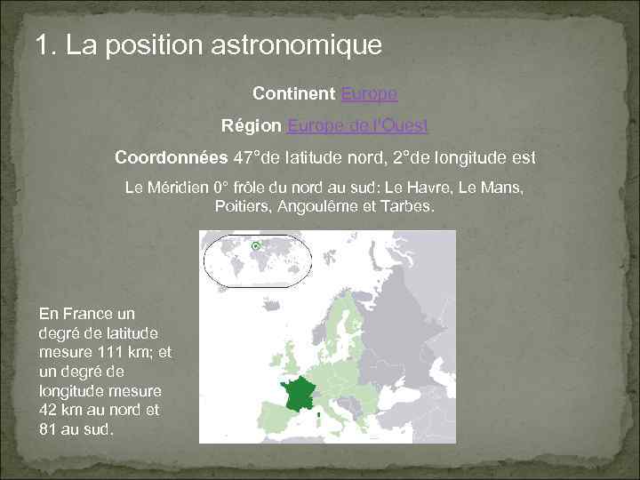 1. La position astronomique Continent Europe Région Europe de l'Ouest Coordonnées 47°de latitude nord,