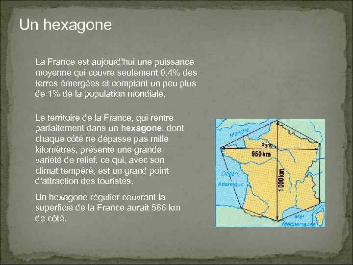 Un hexagone La France est aujourd'hui une puissance moyenne qui couvre seulement 0, 4%
