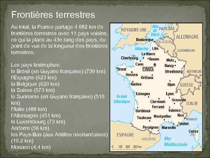 Frontières terrestres Au total, la France partage 4 082 km de frontières terrestres avec