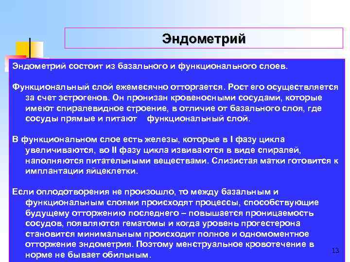 Эндометрий состоит из базального и функционального слоев. Функциональный слой ежемесячно отторгается. Рост его осуществляется