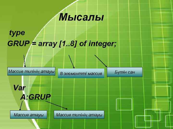 Мысалы type GRUP = array [1. . 8] of integer; Массив типінің атауы 8