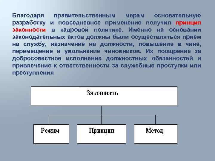 Благодаря правительственным мерам основательную разработку и повседневное применение получил принцип законности в кадровой политике.