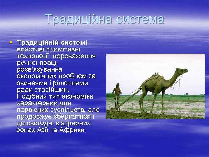 Традиційна система § Традиційній системі властиві примітивні технології, переважання ручної праці, розв’язування економічних проблем