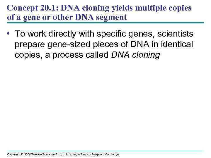 Concept 20. 1: DNA cloning yields multiple copies of a gene or other DNA