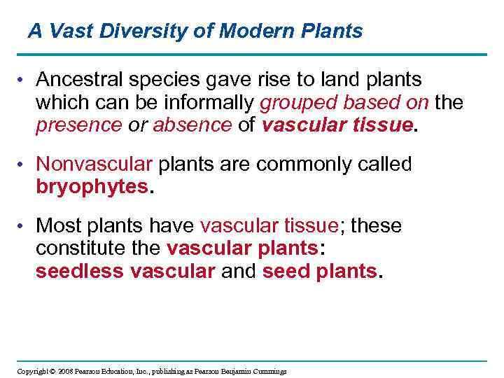 A Vast Diversity of Modern Plants • Ancestral species gave rise to land plants