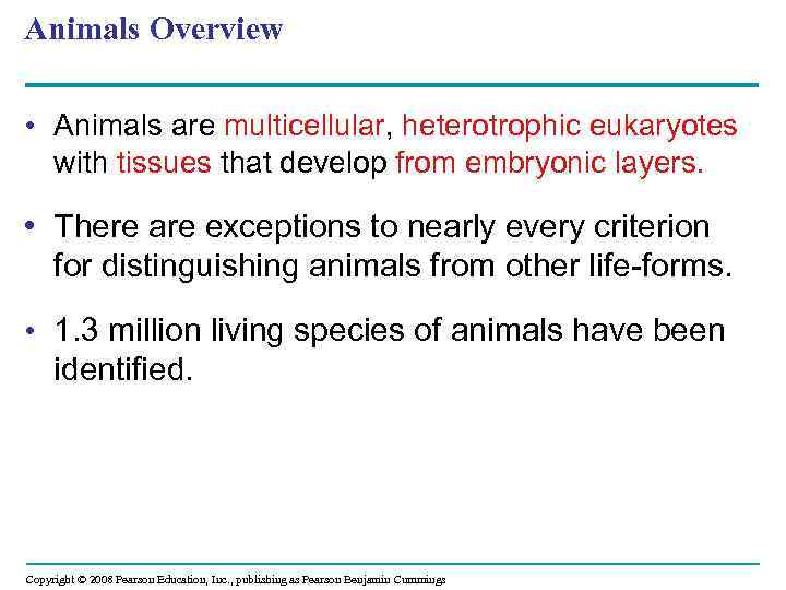 Animals Overview • Animals are multicellular, heterotrophic eukaryotes with tissues that develop from embryonic