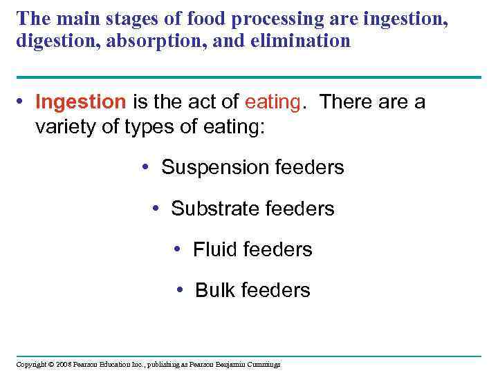 The main stages of food processing are ingestion, digestion, absorption, and elimination • Ingestion