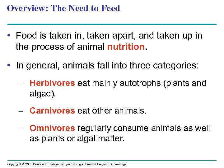 Overview: The Need to Feed • Food is taken in, taken apart, and taken