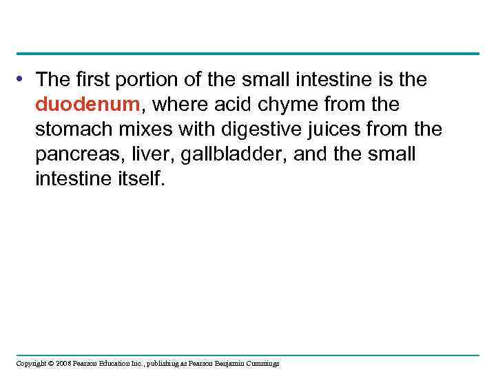  • The first portion of the small intestine is the duodenum, where acid