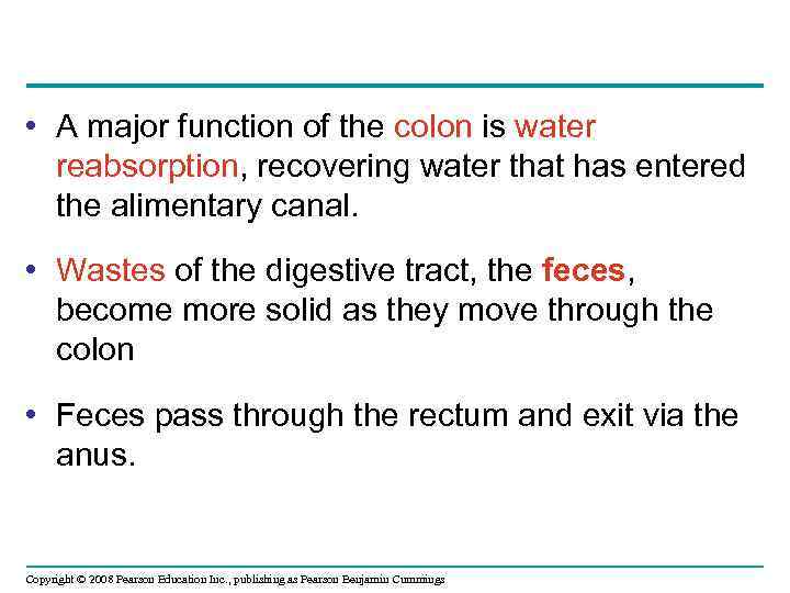  • A major function of the colon is water reabsorption, recovering water that