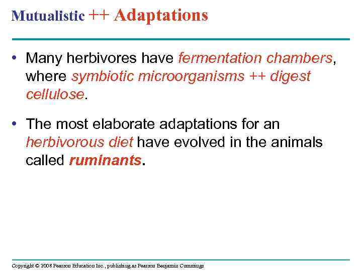 Mutualistic ++ Adaptations • Many herbivores have fermentation chambers, where symbiotic microorganisms ++ digest