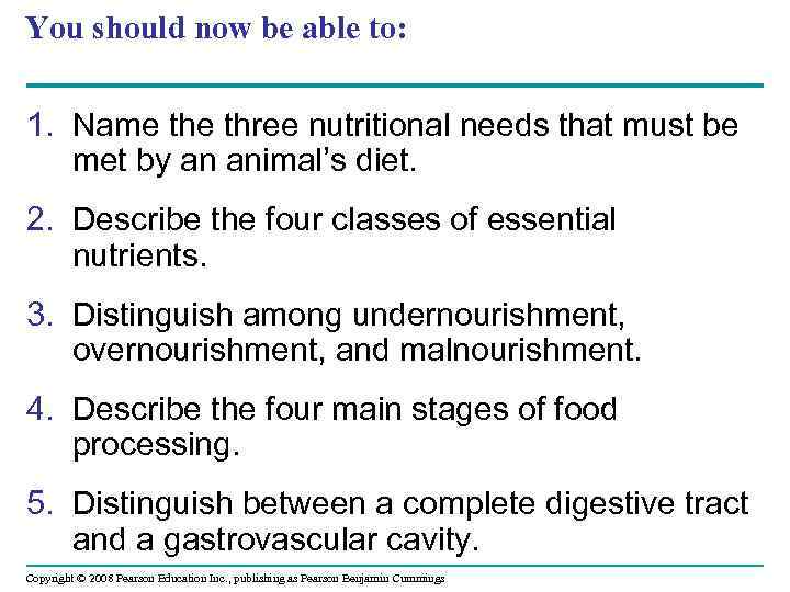 You should now be able to: 1. Name three nutritional needs that must be