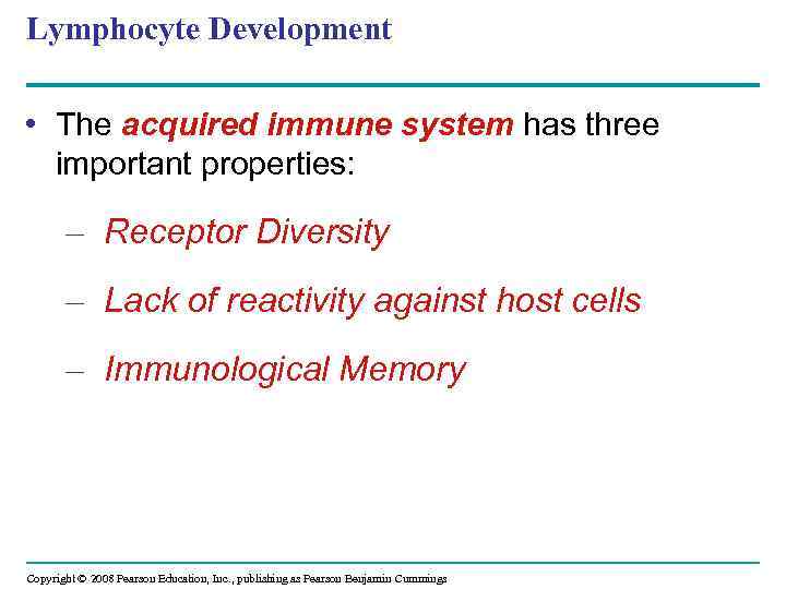 Lymphocyte Development • The acquired immune system has three important properties: – Receptor Diversity