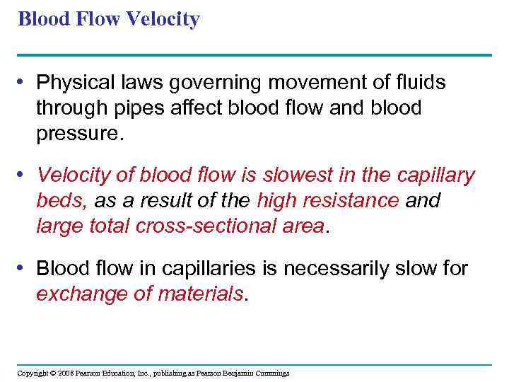 Blood Flow Velocity • Physical laws governing movement of fluids through pipes affect blood