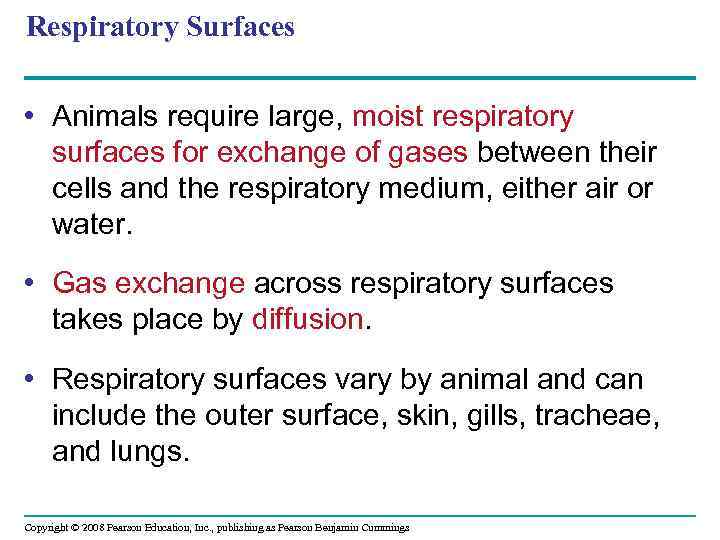 Respiratory Surfaces • Animals require large, moist respiratory surfaces for exchange of gases between