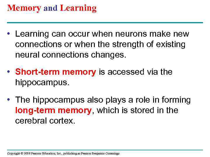 Memory and Learning • Learning can occur when neurons make new connections or when