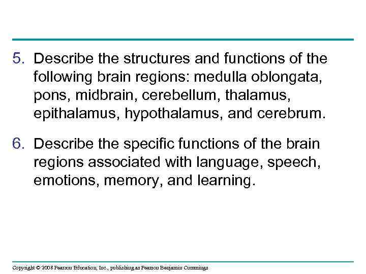 5. Describe the structures and functions of the following brain regions: medulla oblongata, pons,