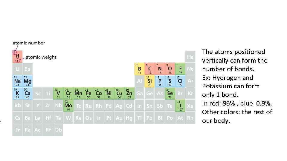 The atoms positioned vertically can form the number of bonds. Ex: Hydrogen and Potassium