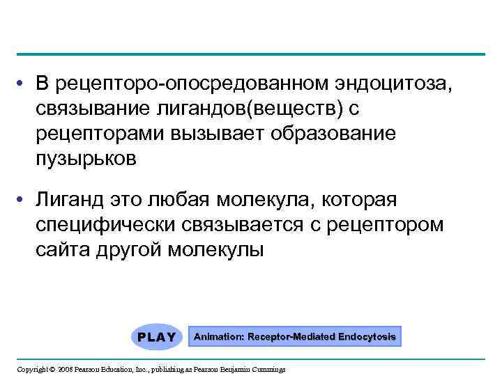  • В рецепторо-опосредованном эндоцитоза, связывание лигандов(веществ) с рецепторами вызывает образование пузырьков • Лиганд