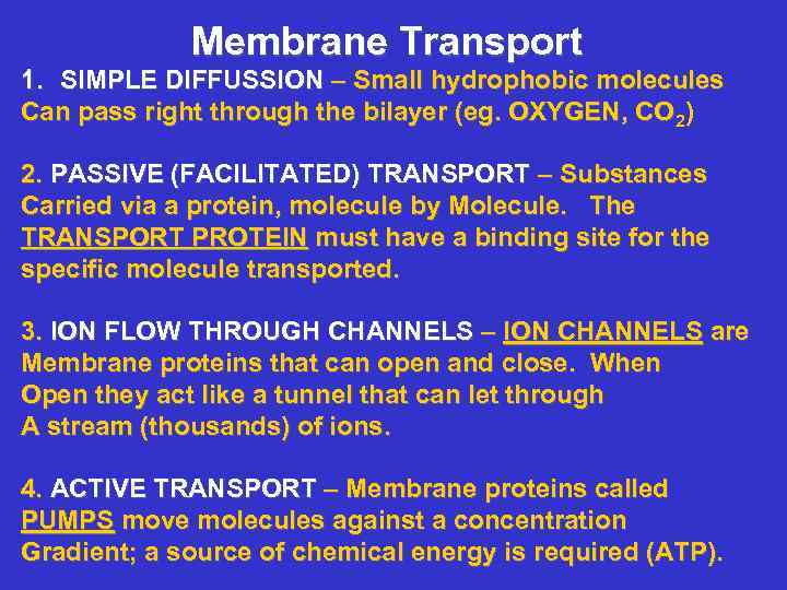 Membrane Transport 1. SIMPLE DIFFUSSION – Small hydrophobic molecules Can pass right through the