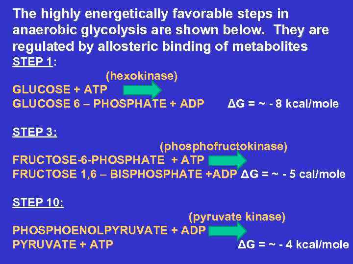 The highly energetically favorable steps in anaerobic glycolysis are shown below. They are regulated