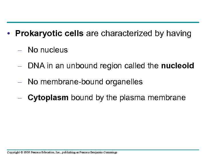  • Prokaryotic cells are characterized by having – No nucleus – DNA in