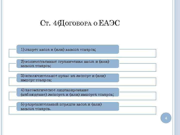 СТ. 46 ОГОВОРА О ЕАЭС Д 1) запрет ввоза и (или) вывоза товаров; 2)