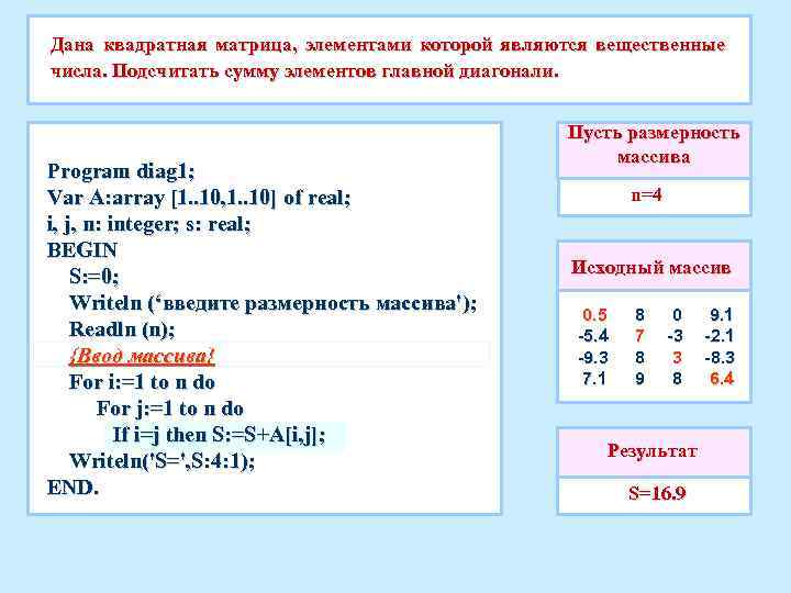 Дана квадратная матрица, элементами которой являются вещественные числа. Подсчитать сумму элементов главной диагонали. Program