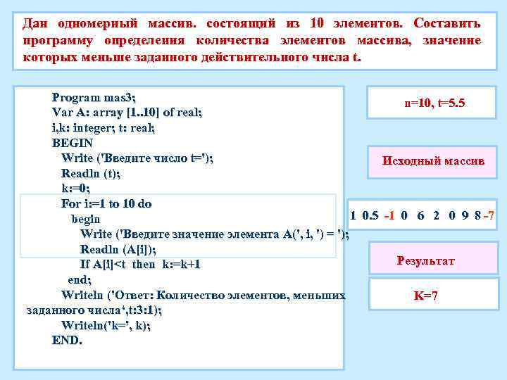 Дан одномерный массив. состоящий из 10 элементов. Составить программу определения количества элементов массива, значение