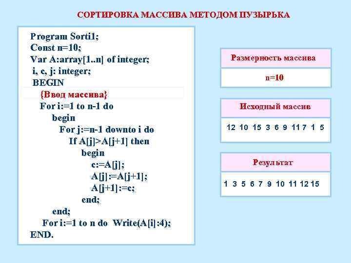 СОРТИРОВКА МАССИВА МЕТОДОМ ПУЗЫРЬКА Program Sorti 1; Const n=10; Var A: array[1. . n]