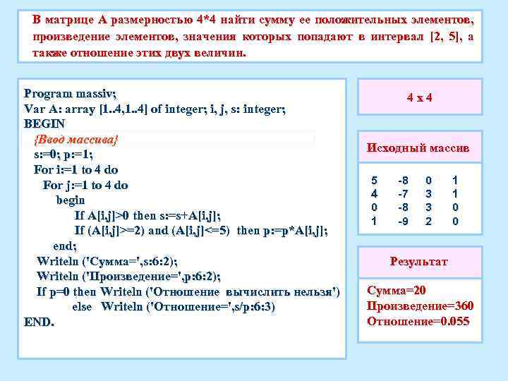 В матрице A размерностью 4*4 найти сумму ее положительных элементов, произведение элементов, значения которых