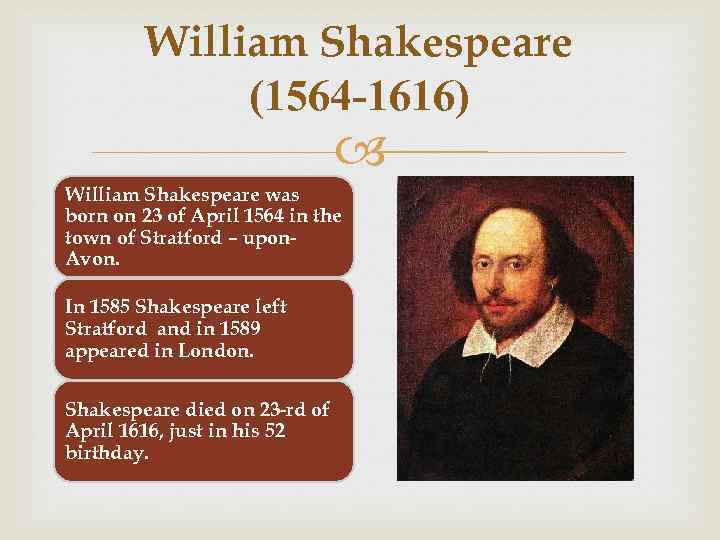 William Shakespeare (1564 -1616) William Shakespeare was born on 23 of April 1564 in