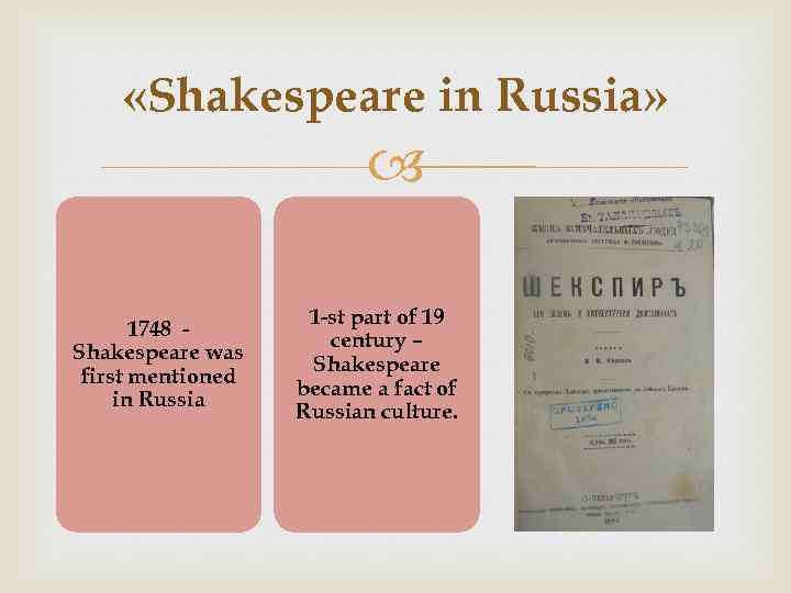 «Shakespeare in Russia» 1748 Shakespeare was first mentioned in Russia 1 -st part