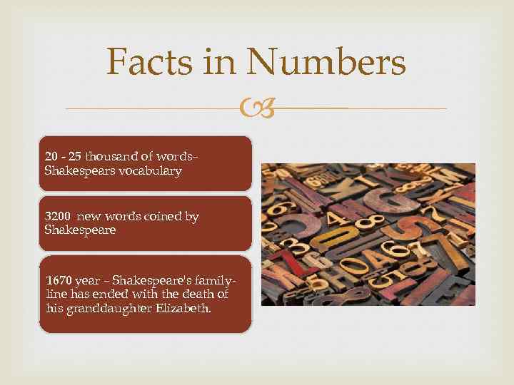 Facts in Numbers 20 - 25 thousand of words– Shakespears vocabulary 3200 new words