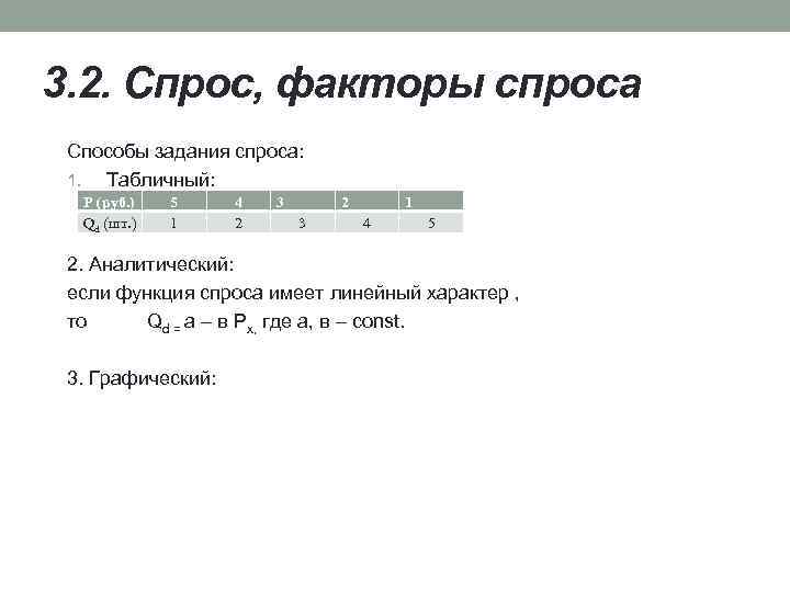 3. 2. Спрос, факторы спроса Способы задания спроса: 1. Табличный: Р (руб. ) Qd