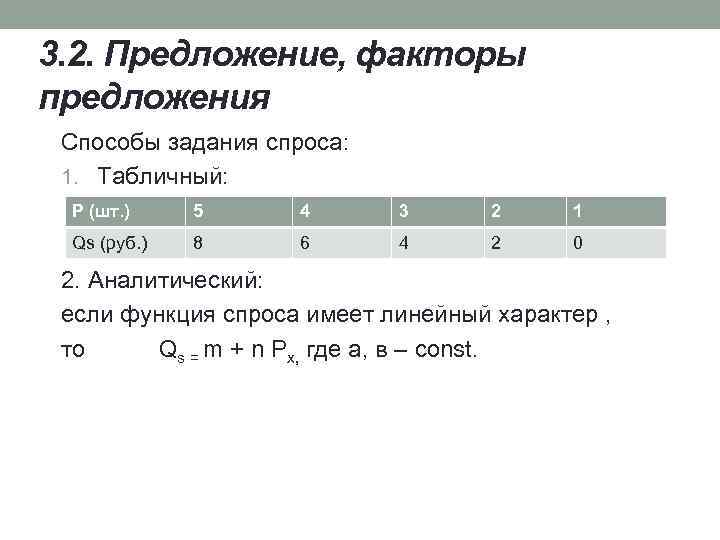 3. 2. Предложение, факторы предложения Способы задания спроса: 1. Табличный: P (шт. ) 5