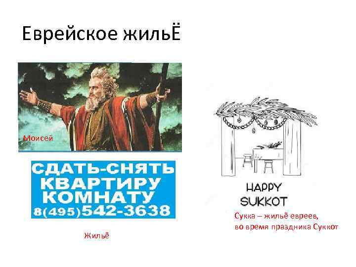 Еврейское жильЁ Моисей Жильё Сукка – жильё евреев, во время праздника Суккот 