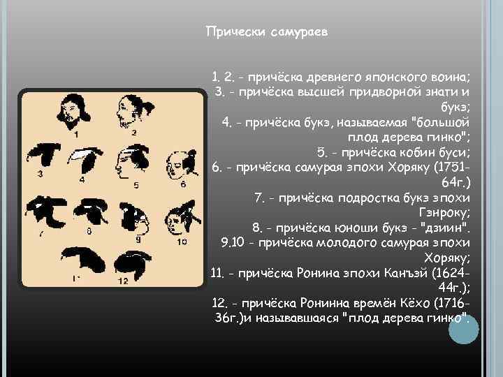 Прически самураев 1. 2. - причёска древнего японского воина; 3. - причёска высшей придворной