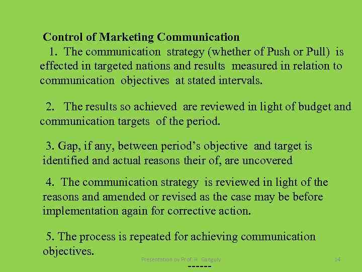 Control of Marketing Communication 1. The communication strategy (whether of Push or Pull) is