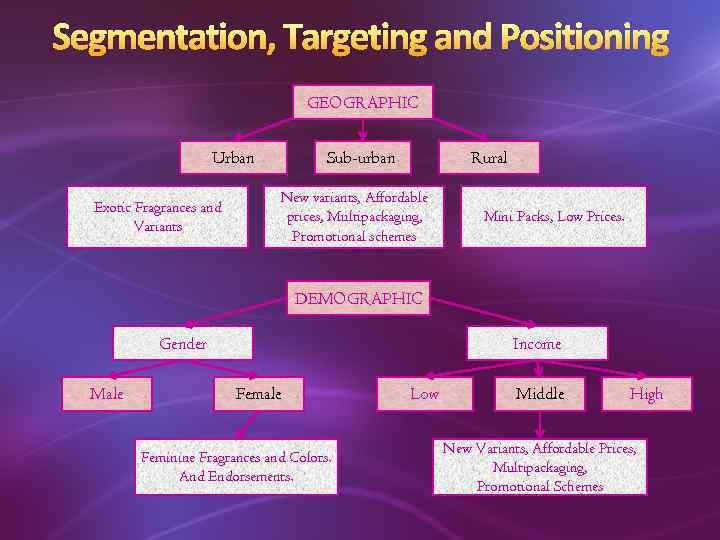 Segmentation, Targeting and Positioning GEOGRAPHIC Urban Exotic Fragrances and Variants Sub-urban Rural New variants,