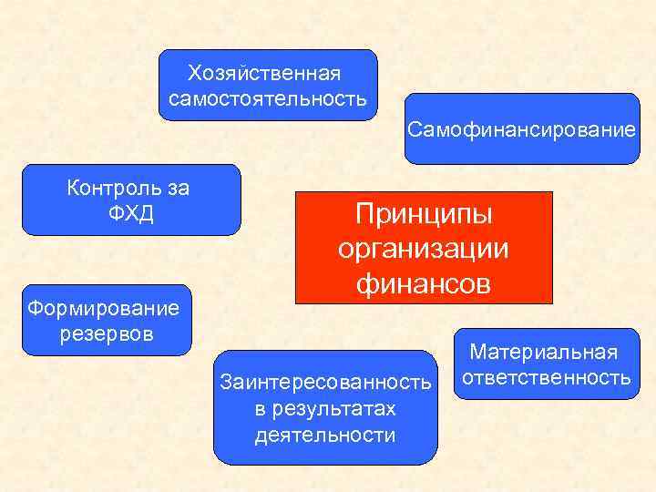 Хозяйственная самостоятельность Самофинансирование Контроль за ФХД Формирование резервов Принципы организации финансов Заинтересованность в результатах