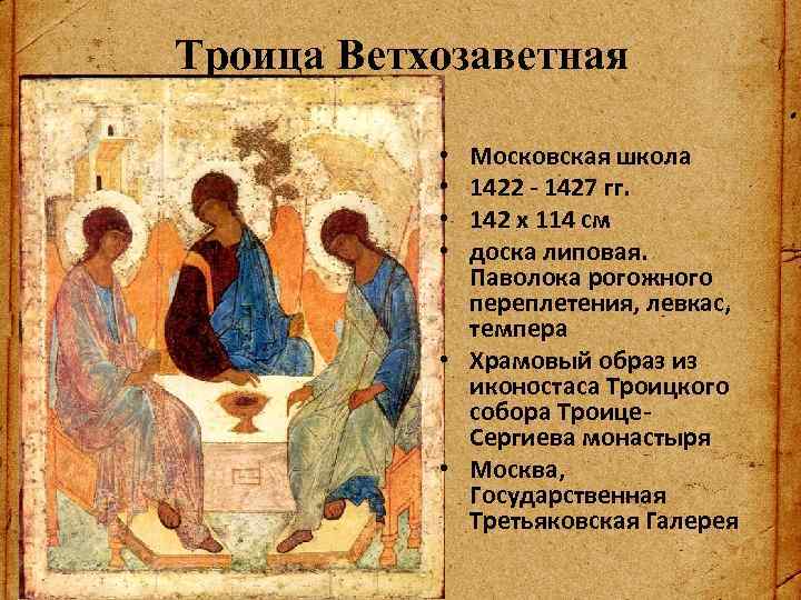 Троица Ветхозаветная Московская школа 1422 - 1427 гг. 142 x 114 см доска липовая.