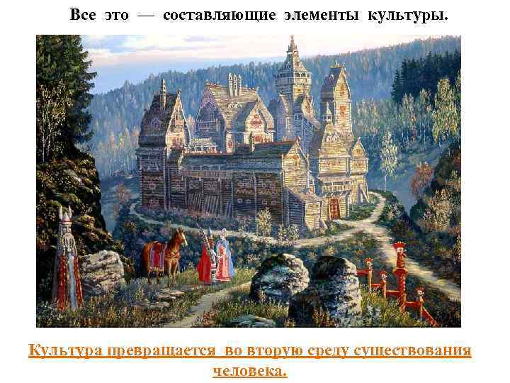Все это — составляющие элементы культуры. Культура превращается во вторую среду существования человека. 