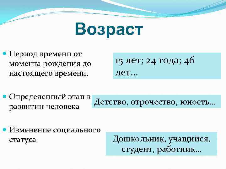 Возраст Период времени от момента рождения до настоящего времени. 15 лет; 24 года; 46