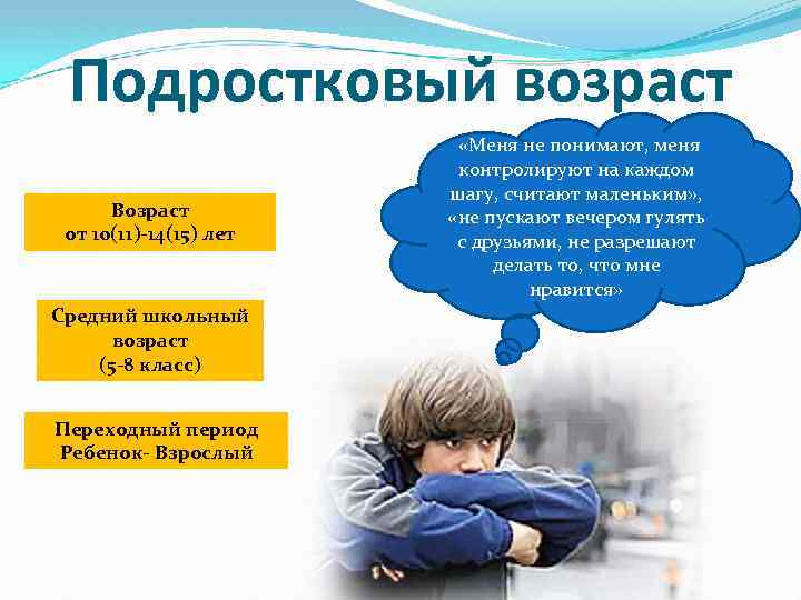 Подростковый возраст Возраст от 10(11)-14(15) лет Средний школьный возраст (5 -8 класс) Переходный период