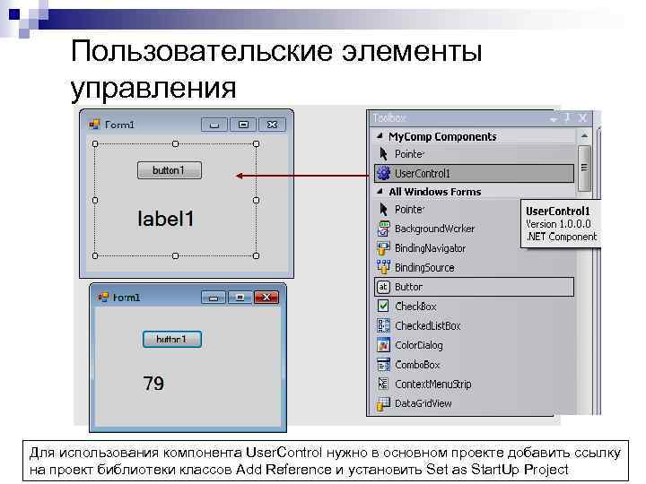 Пользовательские элементы управления Для использования компонента User. Control нужно в основном проекте добавить ссылку