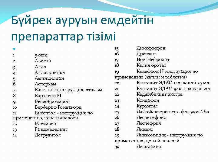 Бүйрек ауруын емдейтін препараттар тізімі 1 5 -нок 2 Ависан 3 Алло 4 Аллопуринол